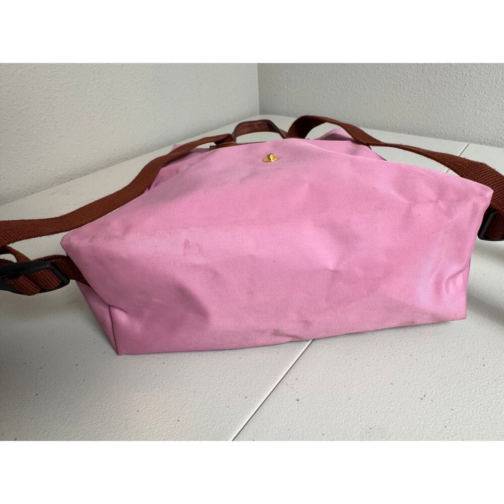 Longchamp Le Pliage pink nylon backpack tan leather flap gold tone hardware zips - Picture 7 of 10